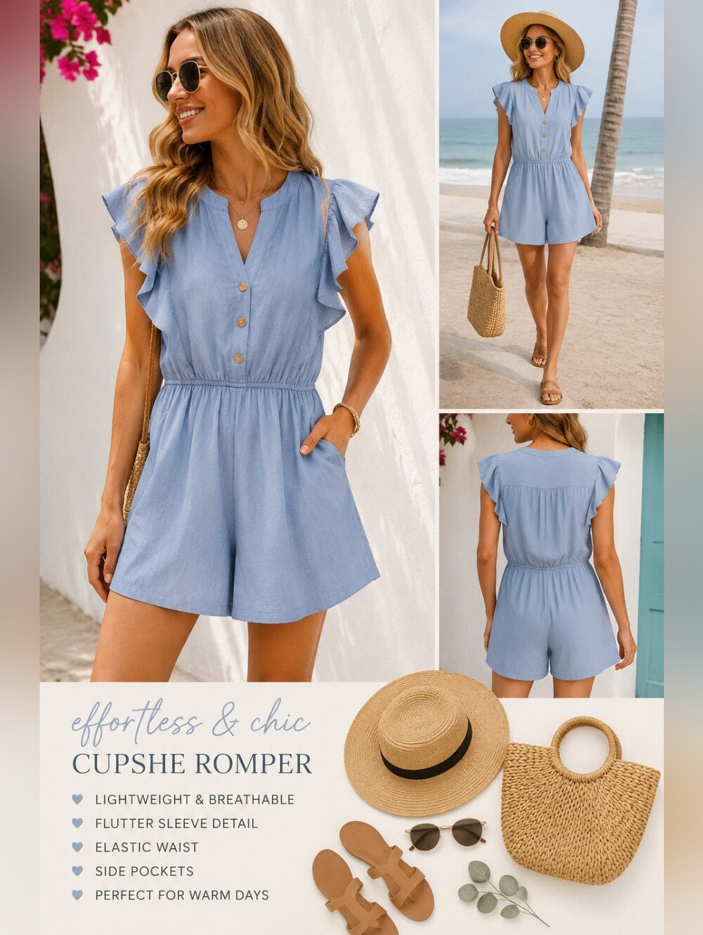 NWT Cupshe Light Blue Flutter Sleeve Button Front Romper w/ Pockets Size Medium